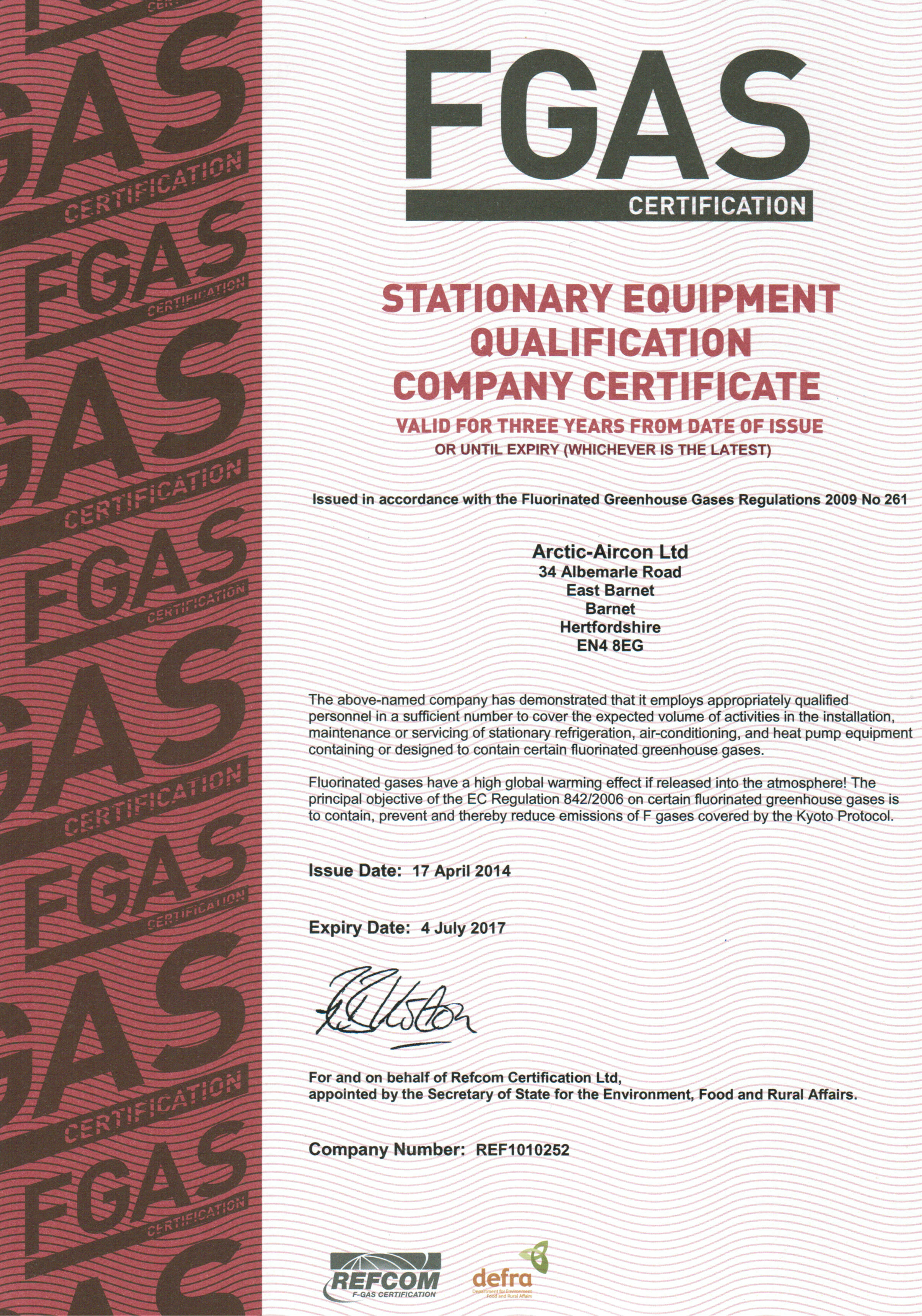 Refcom Example Certificate |Air Conditioning London | Arctic AirconditioningAir Conditioning ...